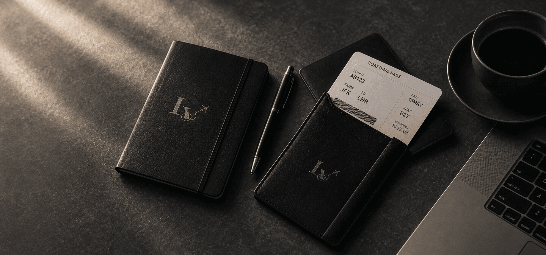 Monogrammed leather travel diary and boarding pass holder with a boarding pass, pen, coffee and laptop on a dark desk