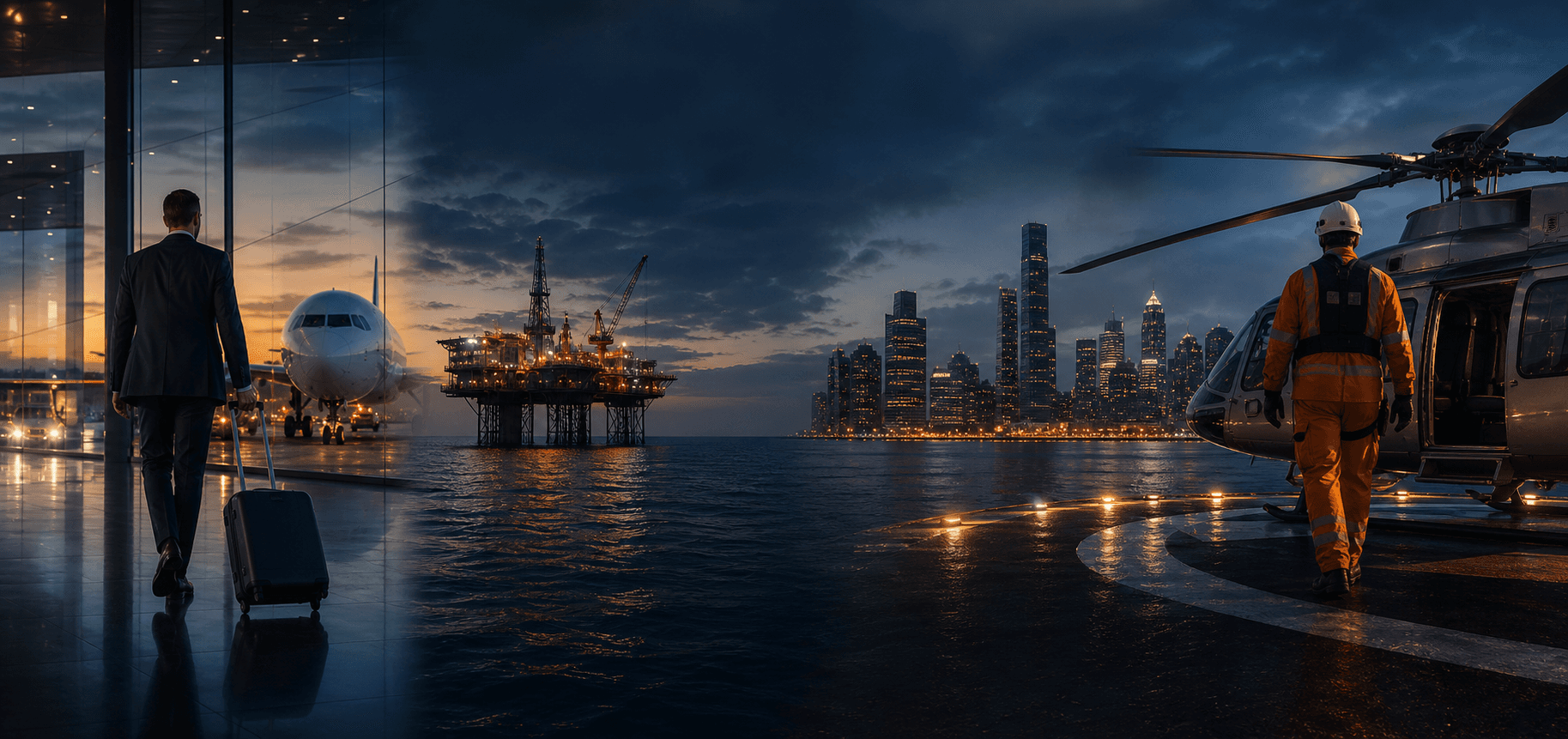 An executive traveller, offshore energy platform, city skyline and helicopter crew